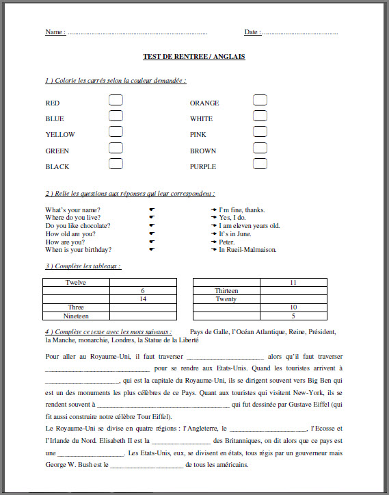 test de niveau d'anglais